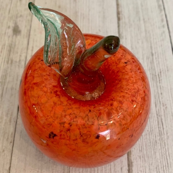 Orange Art Glass Weighted Apple Paperweight With Clear Green Stem Leaf 4 1/2” T - Picture 9 of 15